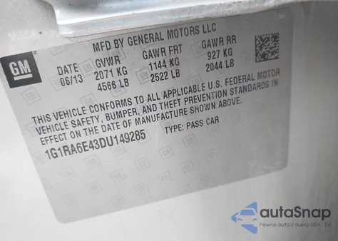 2013 Chevrolet Volt z USA, uszkodzony, nr VIN 1G1RA6E43DU149285